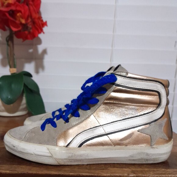 Golden Goose Laminated Slide Sneakers Sz 35 (US 5) Preowned Gold White Blue - Picture 4 of 16